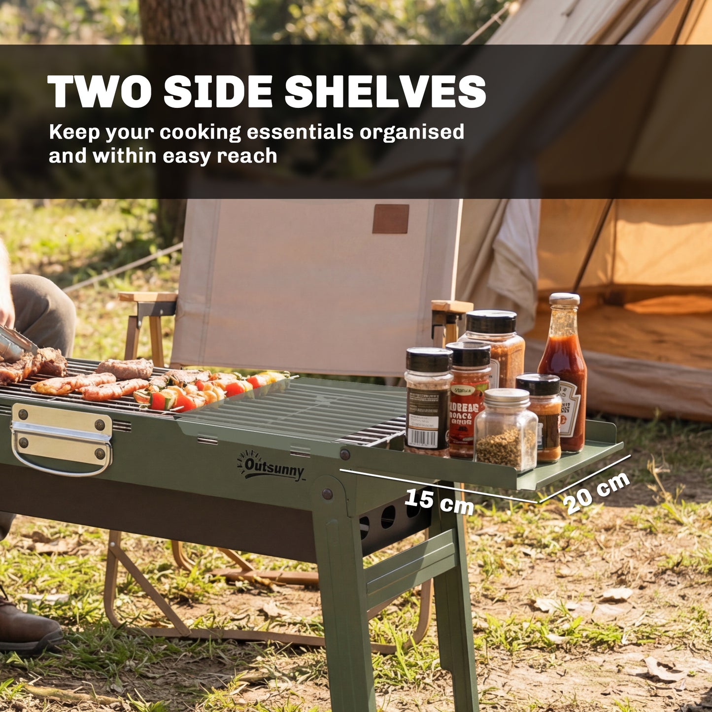 Outsunny Portable BBQ Grill, Foldable Charcoal Grill for Camping and Picnics with 2 Side Shelves and Handle