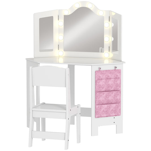 AIYAPLAY Kids Dressing Table and Stool Set, Girls Vanity Table with 2-Colour LED Lights, Tri-Folding Mirror, White