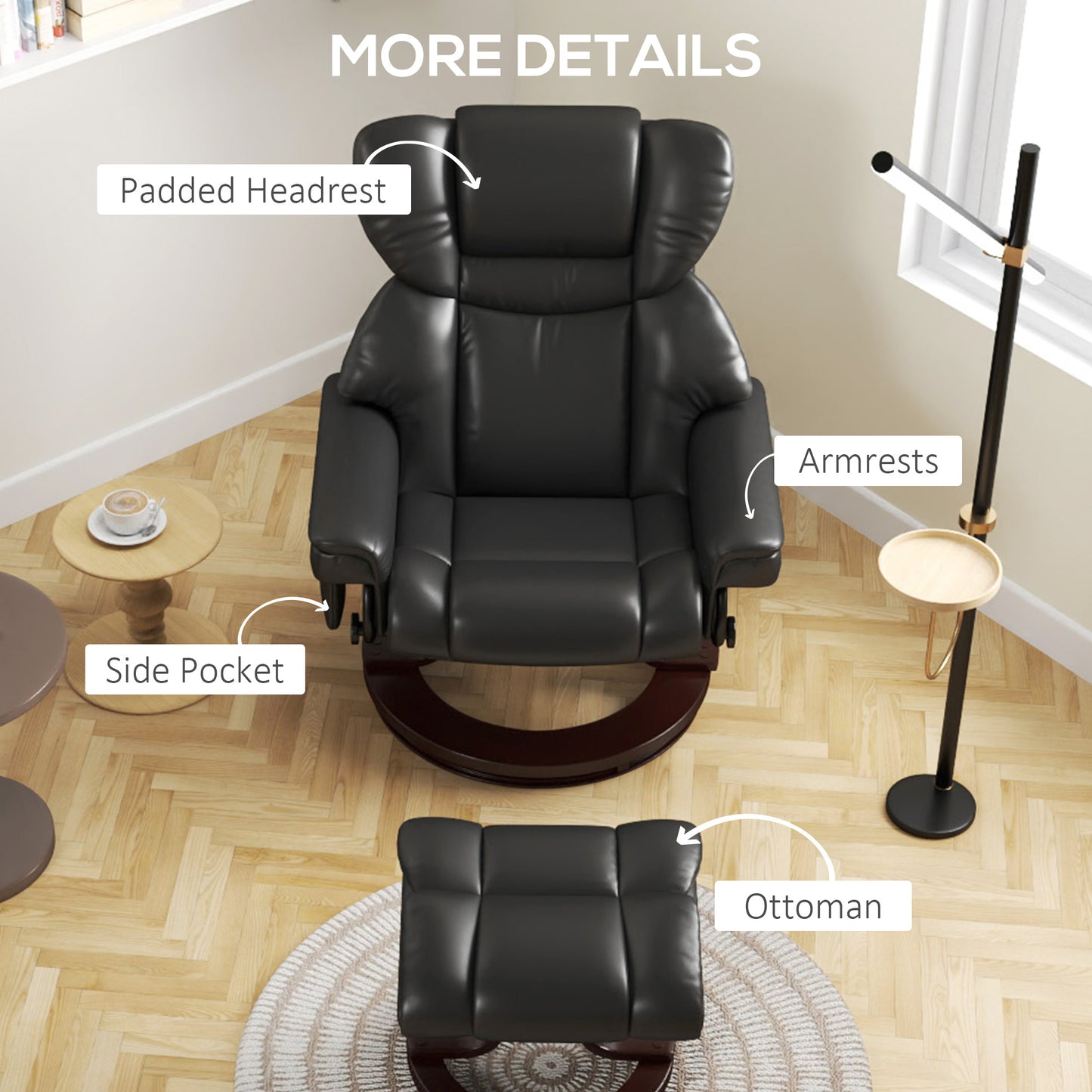 Massage Recliner Chair with Footstool, Upholstered Reclining Armchair with Adjustable Backrest, Steel Frame and Wood Base, Swivel Chair