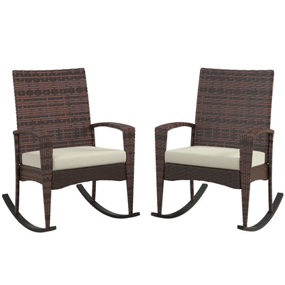 Outsunny Outdoor PE Rattan Rocking Chair Set of 2, Garden Rocking Chair Set with Armrest and Cushion
