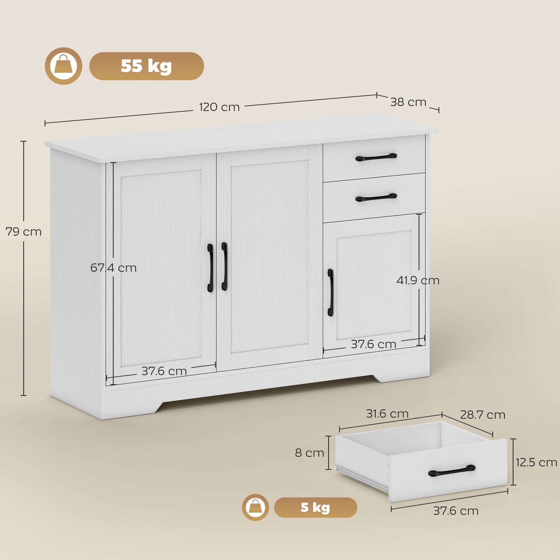 Sideboard with 2 Drawers Modern Storage Cabinet, Kitchen Cupboard with Adjustable Shelf and 3 Doors White