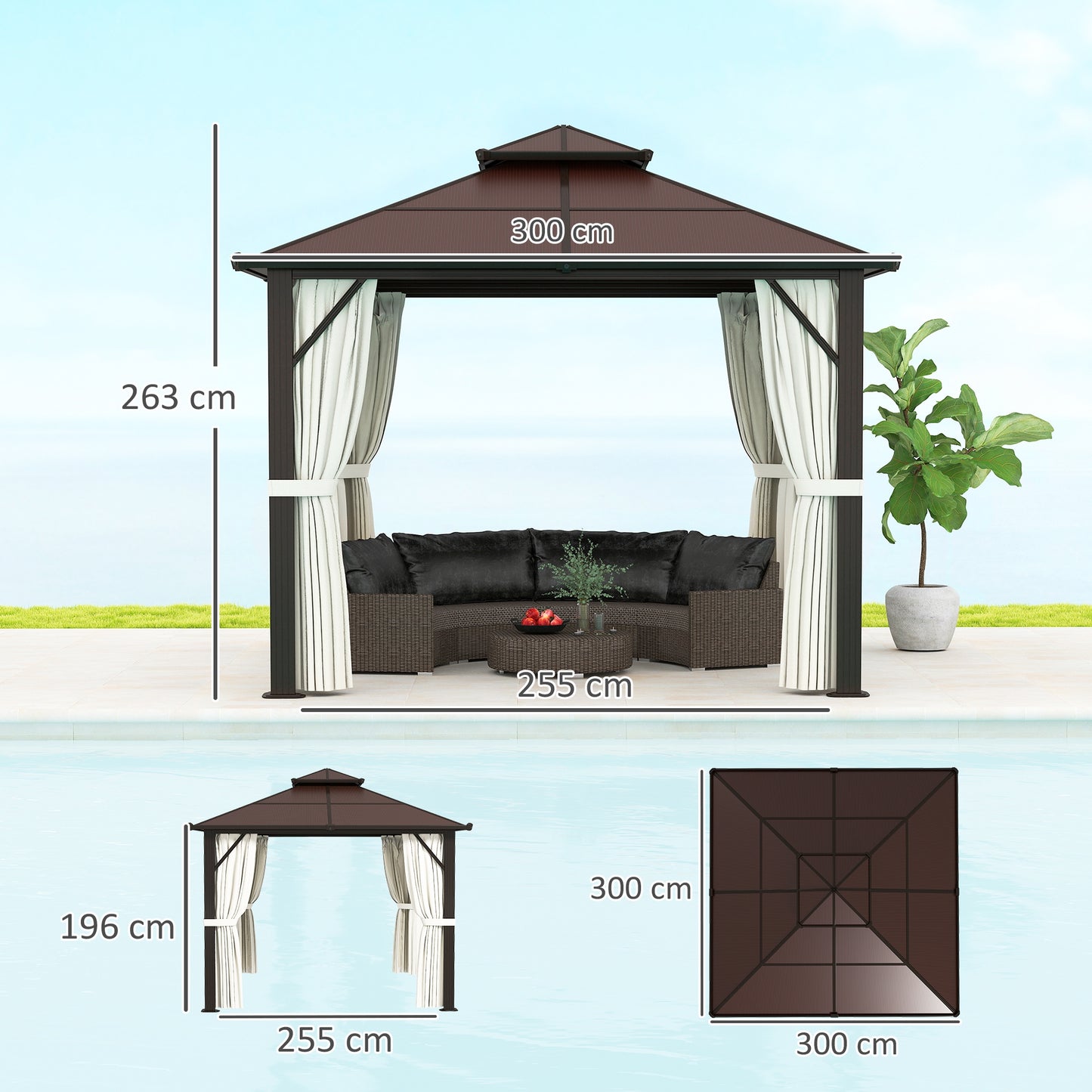 Outsunny 3 x 3(m) Hardtop Gazebo with Double Polycarbonate Roof, Garden Gazebo Permanent Pavilion with Mosquito Netting and Curtains for Patio, Deck, Beige