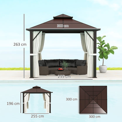 Outsunny 3 x 3(m) Hardtop Gazebo with Double Polycarbonate Roof, Garden Gazebo Permanent Pavilion with Mosquito Netting and Curtains for Patio, Deck, Beige