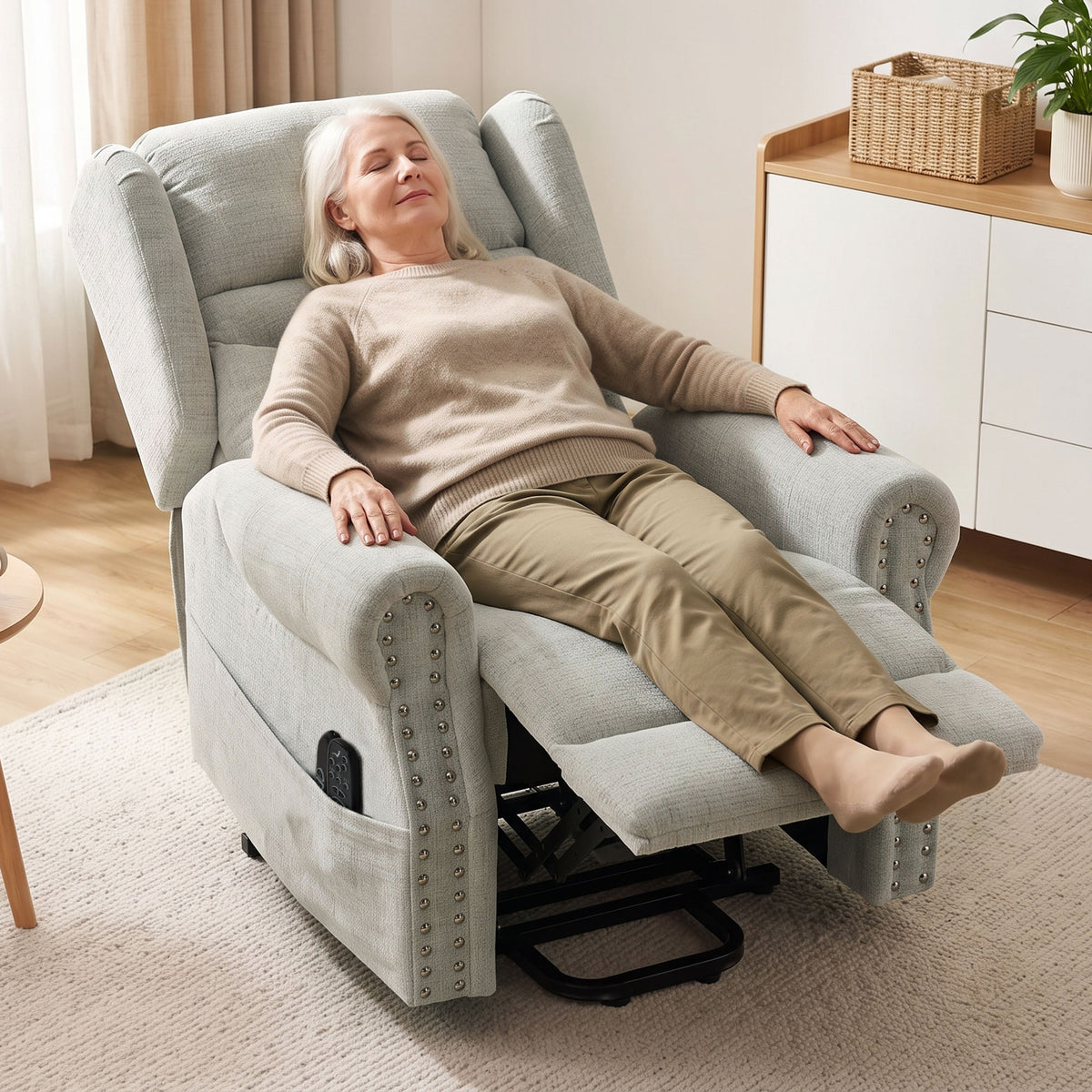 Power Lift Riser Recliner Chair with 8-Point Massage & Lumbar Heat | 45° Lift 150° Recline | Chenille Upholstery | USB Charging | 35cm Wall Clearance | 120kg Capacity | Light Grey | 89x94x107cm