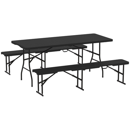 Folding Picnic Table and Bench Set, Rattan Effect Portable Camping Table and Chairs for Indoor Outdoor, Dining, Camping, Picnic, BBQ, Party