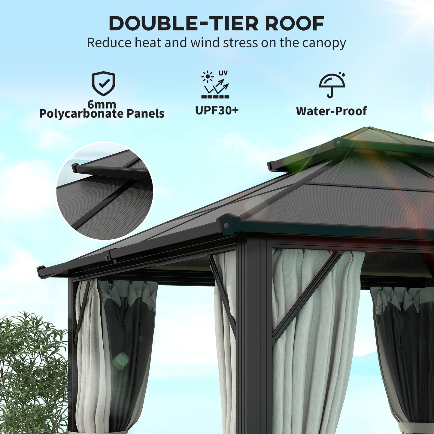 3 x 3(m) Hardtop Gazebo Canopy with UPF30+ Double Polycarbonate Roof, Aluminium Frame Garden Gazebo Permanent Pavilion for Patio, Deck, Grey