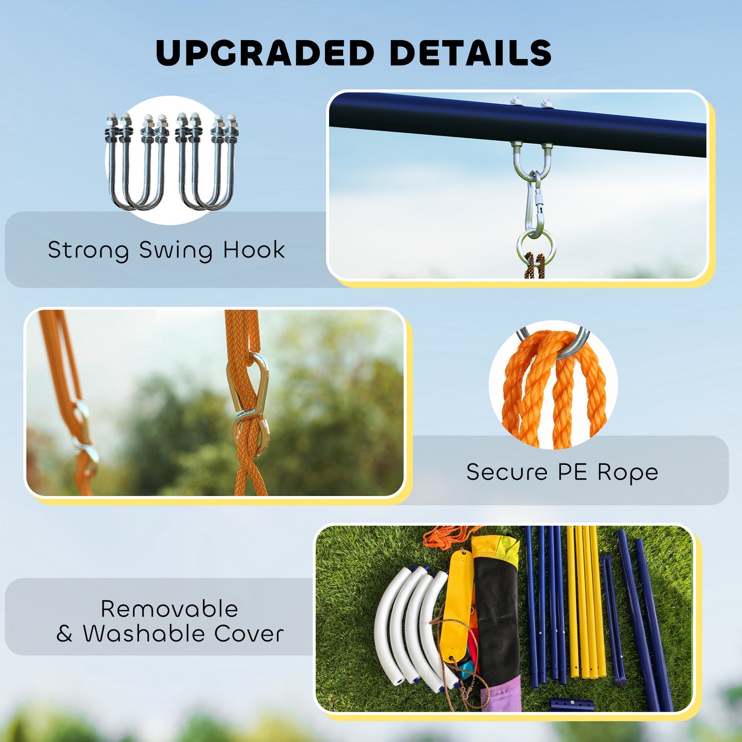 Kids Swing Set with Saucer Nest Swing & Belt Swing – 150kg Capacity, Adjustable Ropes, Steel A-Frame, Ground Stakes, EN71 Tested, Ages 3–8