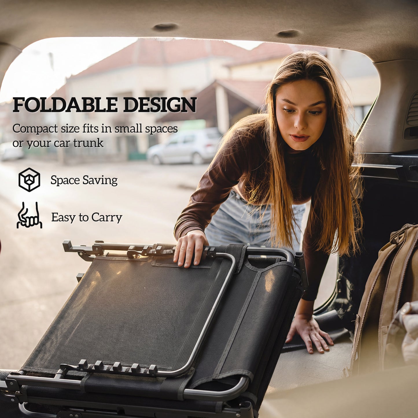 Folding Sun Lounger Camping Bed | 5 Position Recline | 68cm Mesh Seat | Removable Cushion & Headrest | Portable | 120kg | Dark Grey