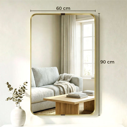 Rectangular Wall Mirror | Shatterproof Tempered Glass | Anodised Aluminium Alloy Frame | 4cm Deep 3D Effect | Soft Rounded Corners | No Assembly | 60x4x90cm | Gold Tone