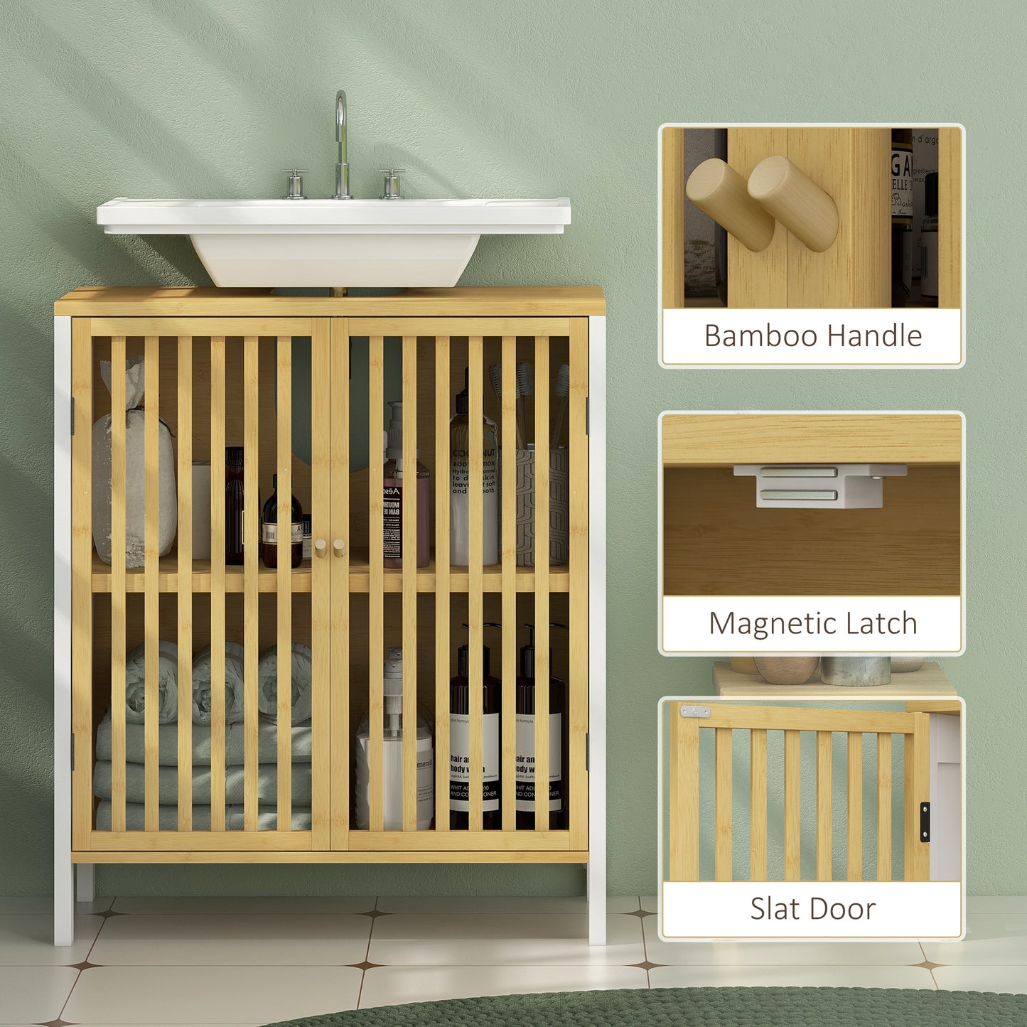 Bamboo-Blend Retro Vintage Style Cut-Out Under Sink Cabinet