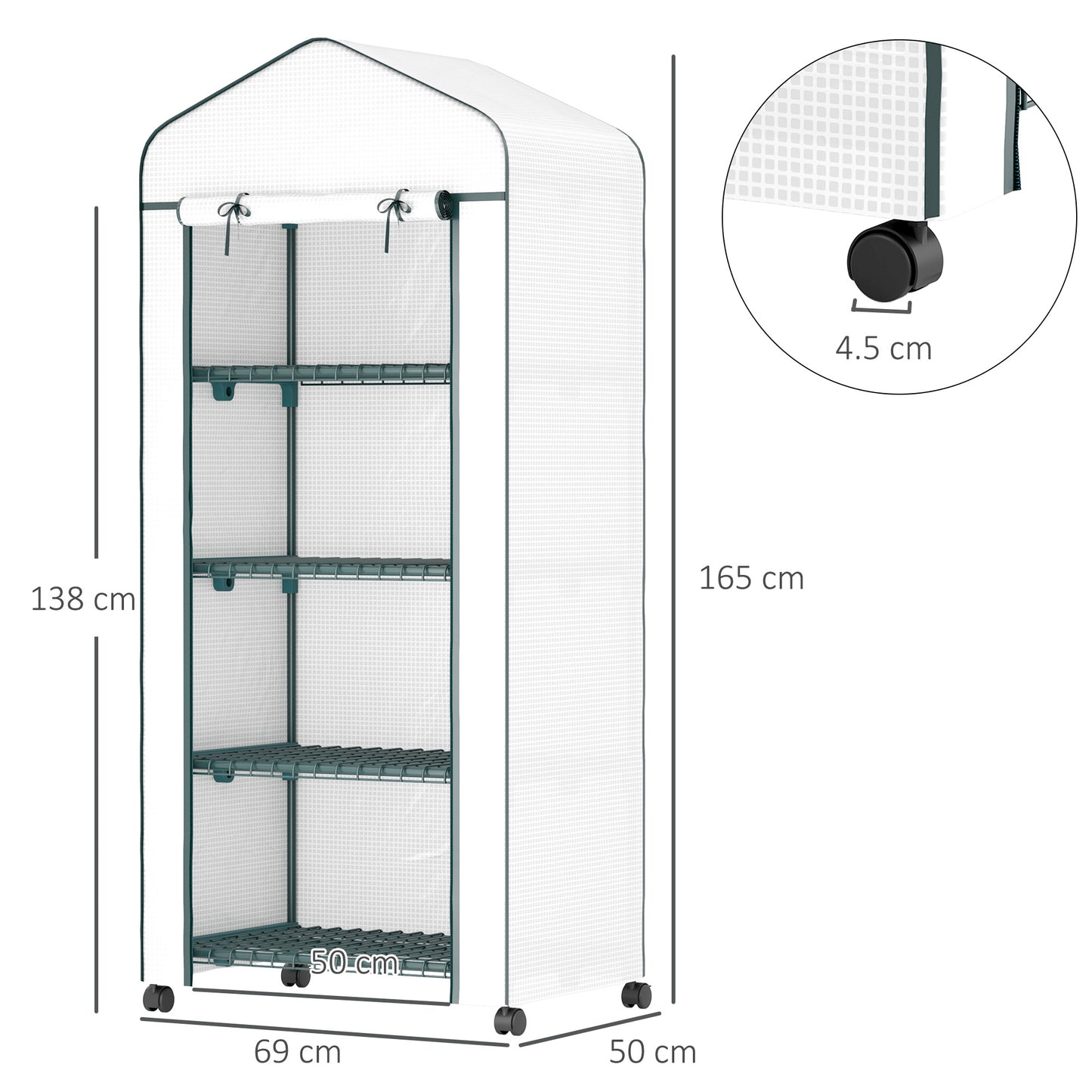 Mini Portable Greenhouse | 4 Shelves | Transparent PE Cover | Double-Zip Door | Lockable Rolling Wheels | 10kg Per Shelf | Balcony & Patio | 69 x 50 x 165cm | White