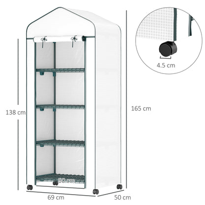 Mini Portable Greenhouse | 4 Shelves | Transparent PE Cover | Double-Zip Door | Lockable Rolling Wheels | 10kg Per Shelf | Balcony & Patio | 69 x 50 x 165cm | White