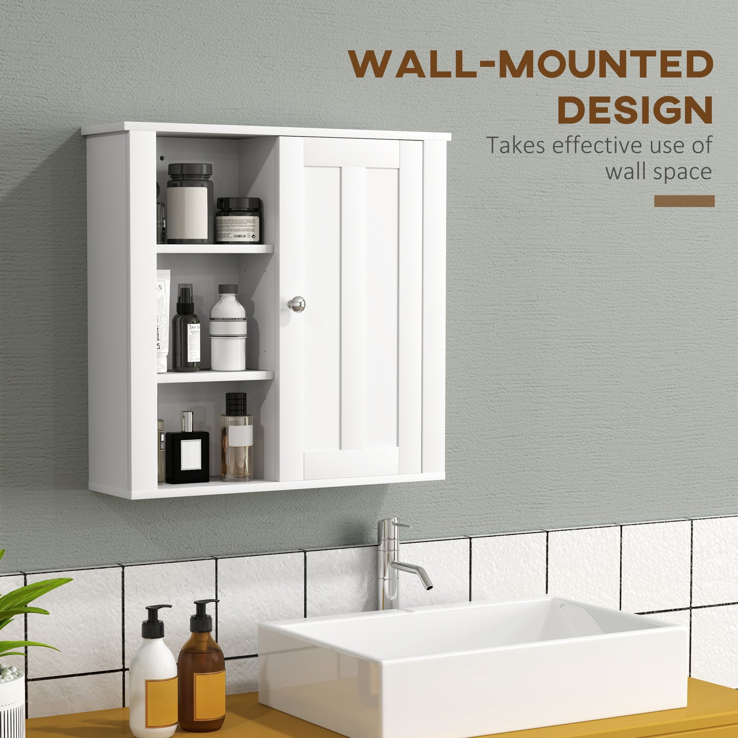 Cabinet, Modern Bathroom Wall Cabinet with Adjustable Shelves and Cupboard, 53W x 15D x 51H cm, White