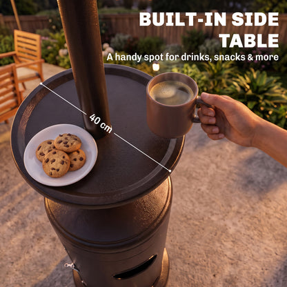 Outsunny Gas Patio Heater with Side Table | Brown Metal | 5-13kW Stepless | 30m² Coverage | Piezo Ignition | Tip-Over Protection | Propane Butane | 40cm Table | Tank Cabinet | 81x81x221cm