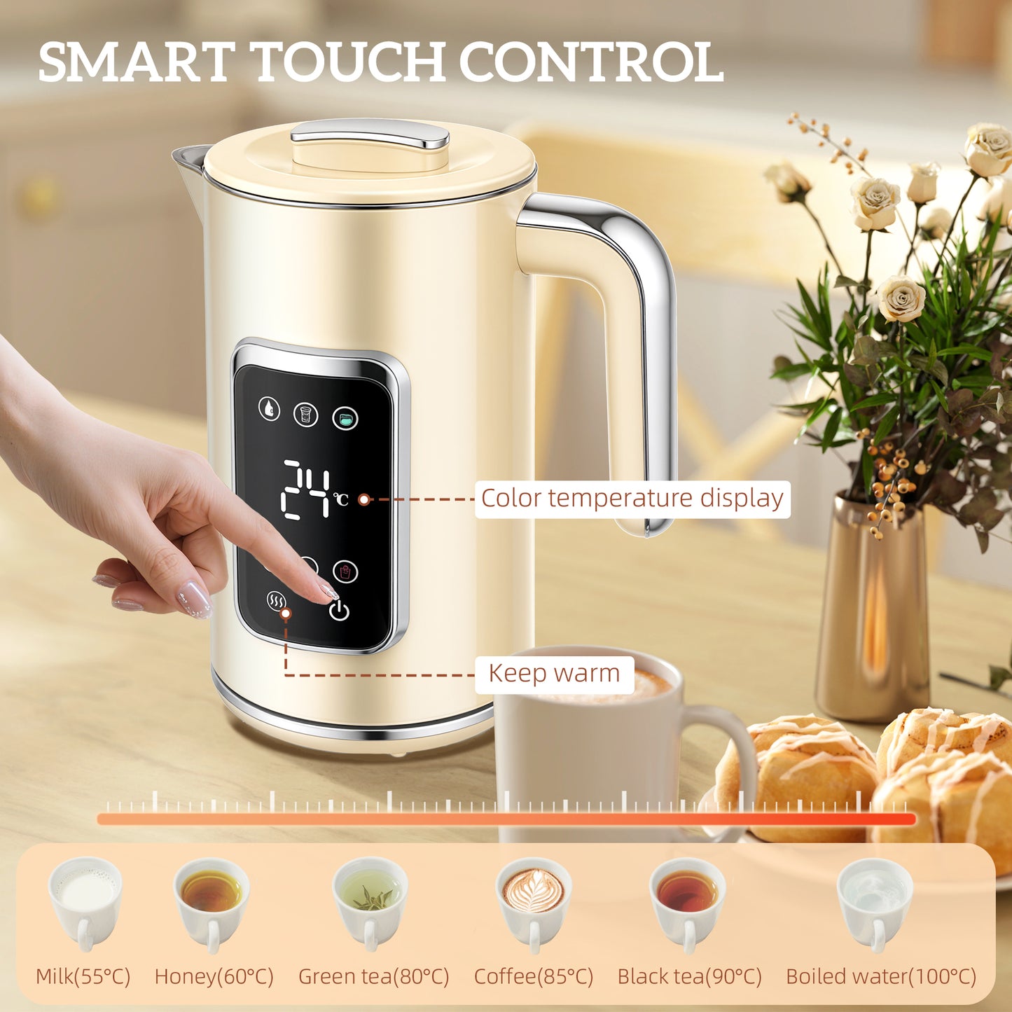 Touch Screen Kettle and Toaster Set - Cream / Grey / Black