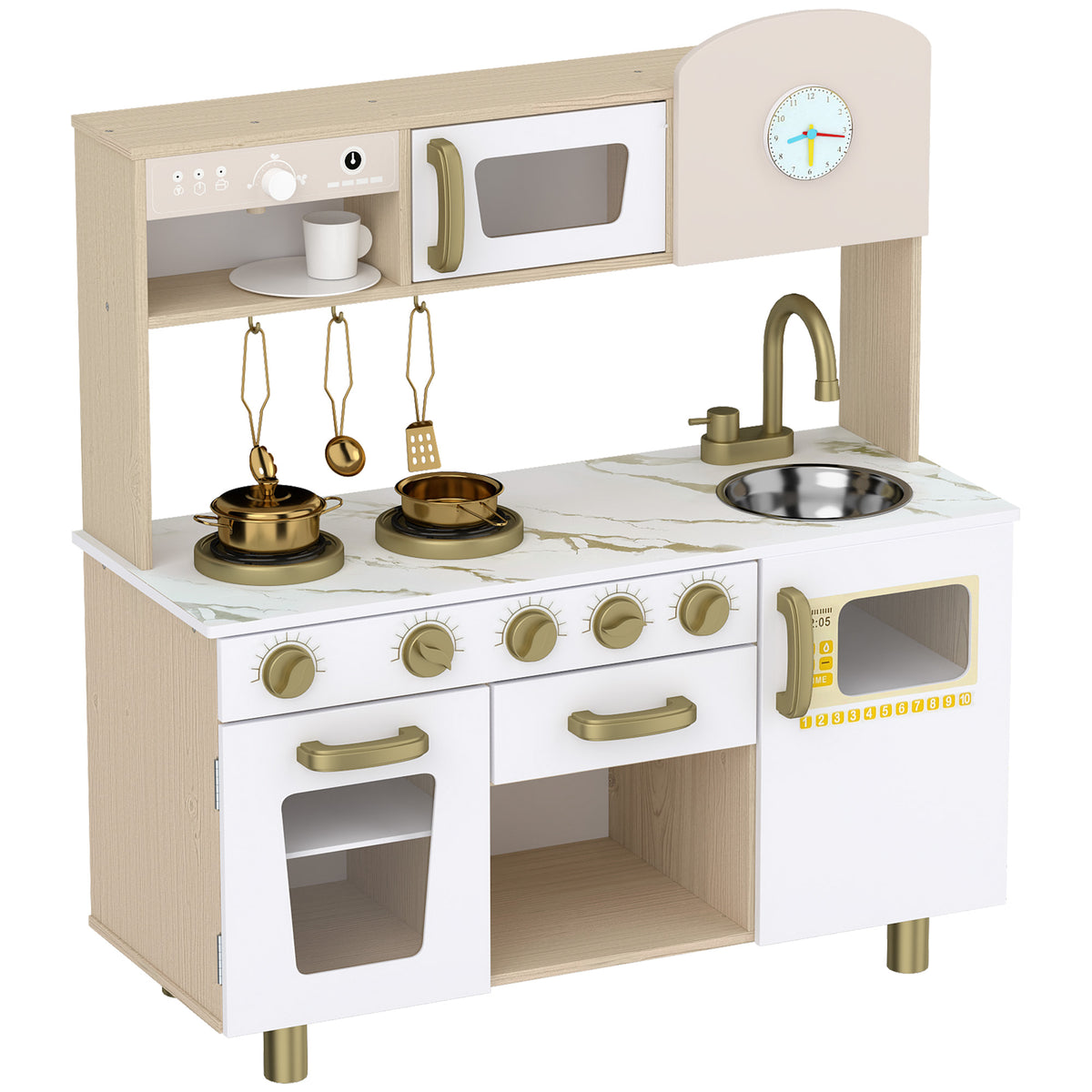 Kids Play Kitchen Playset | Rotating Coffee Maker | Stove with Ignition Sounds | Rotating Tap | Clock with Movable Hands | Shelves Cabinet & Drawer | 6-Piece Steel Set | E1 MDF | 74x29x81cm | Ages 3-6 | White