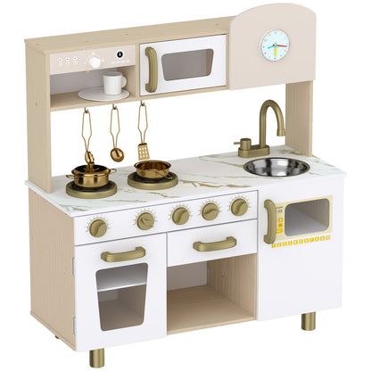 Kids Play Kitchen Playset | Rotating Coffee Maker | Stove with Ignition Sounds | Rotating Tap | Clock with Movable Hands | Shelves Cabinet & Drawer | 6-Piece Steel Set | E1 MDF | 74x29x81cm | Ages 3-6 | White