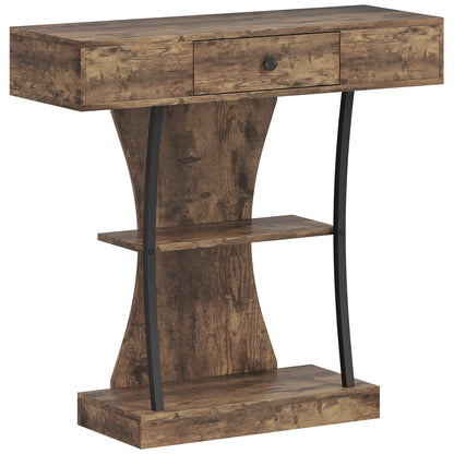 Industrial Console Table & Hallway Table | Drawer | 2 Open Shelves | Anti-Tip | 91x32x87cm | 45kg | Rustic Brown