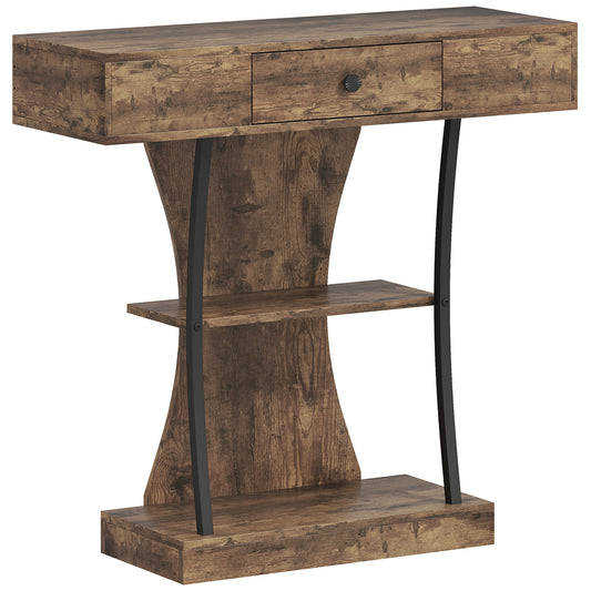 Industrial Console Table & Hallway Table | Drawer | 2 Open Shelves | Anti-Tip | 91x32x87cm | 45kg | Rustic Brown