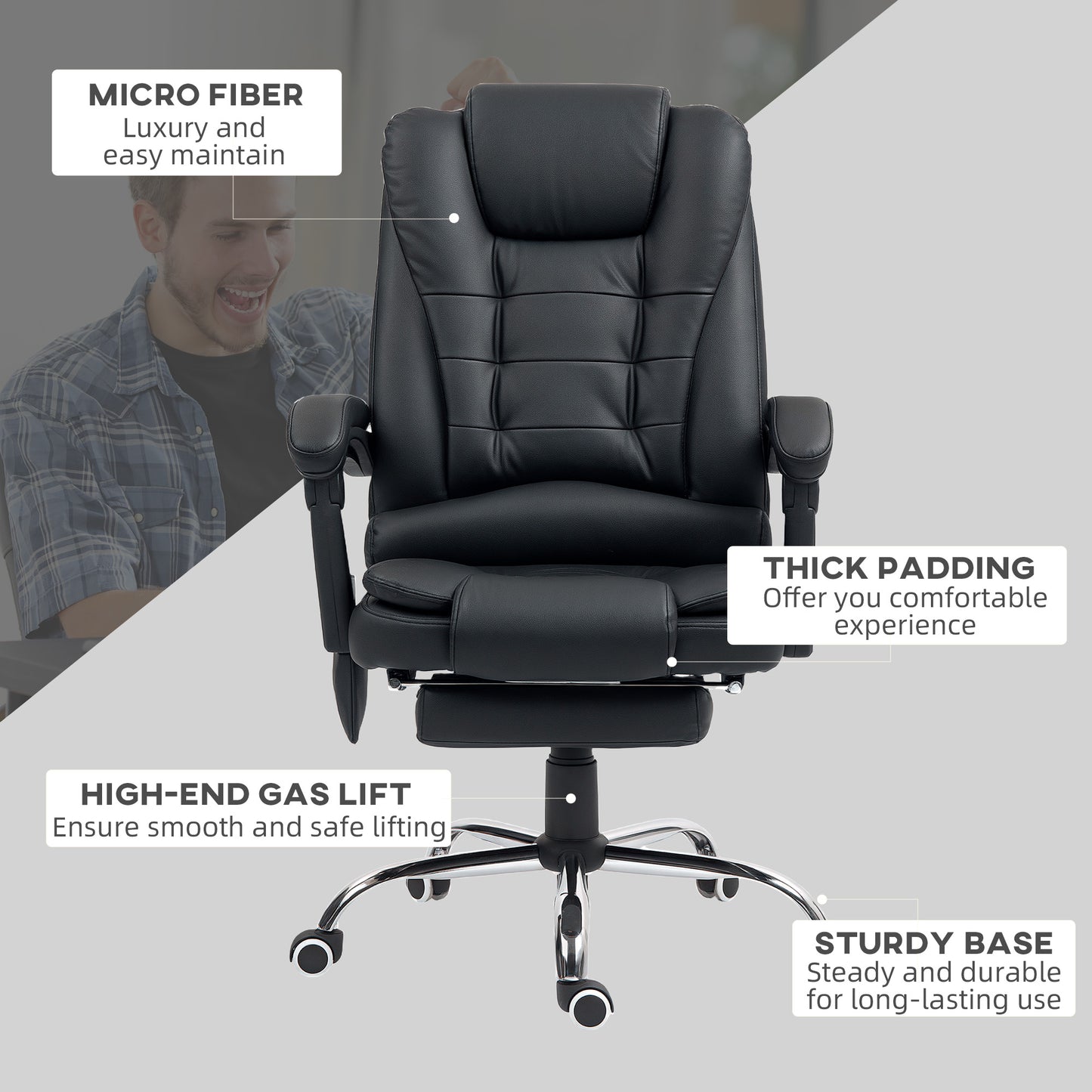Heated Massage Executive Office Chair | 6 Point Vibration | High Back PU Leather | 135° Recline & Footrest | 360° Swivel | 45-52cm Height | 113kg | Black