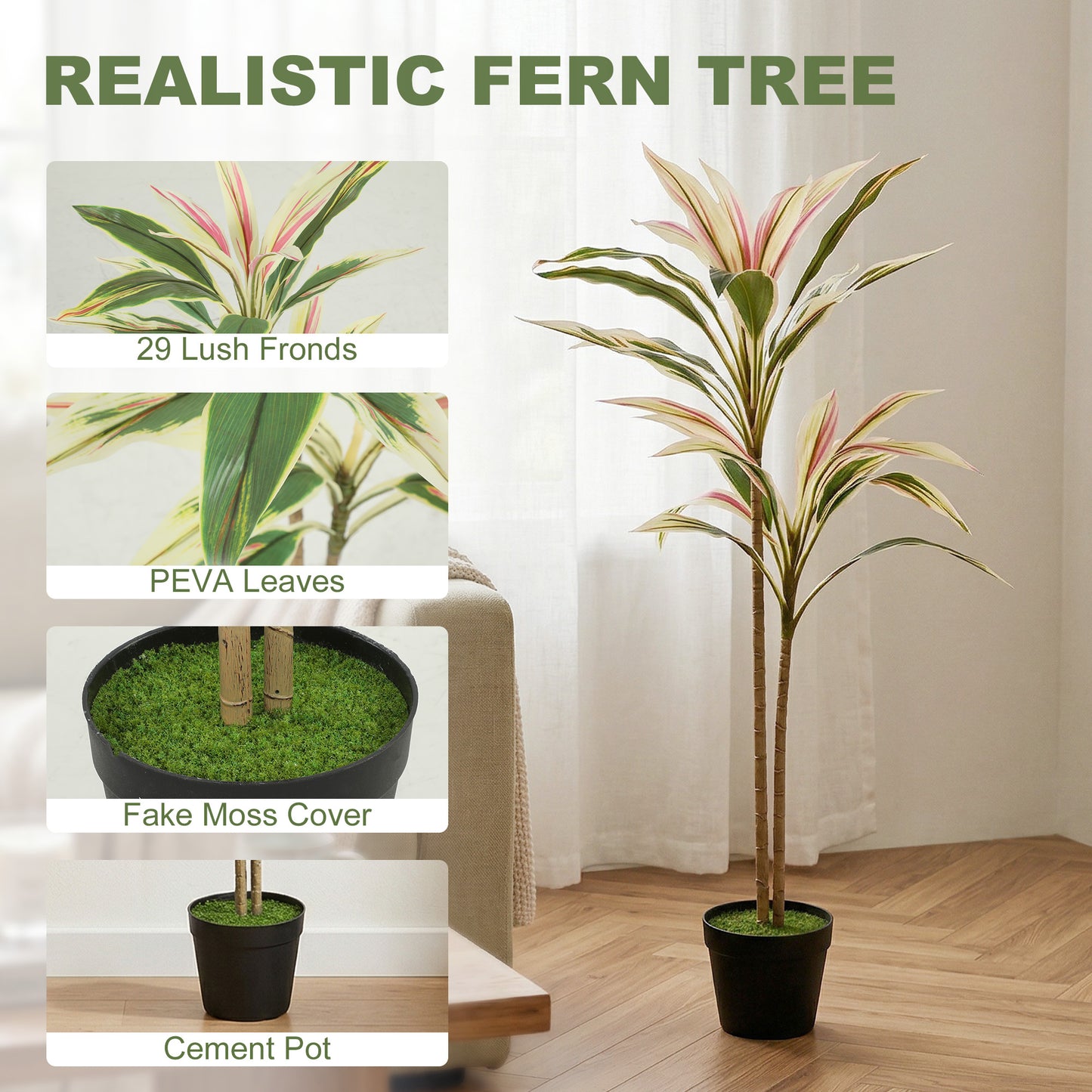 Artificial Cordyline Tree | 90cm | 29 PEVA Leaves | Soft-Touch | Moss Effect Base | Cement Pot | Shapeable | No Maintenance