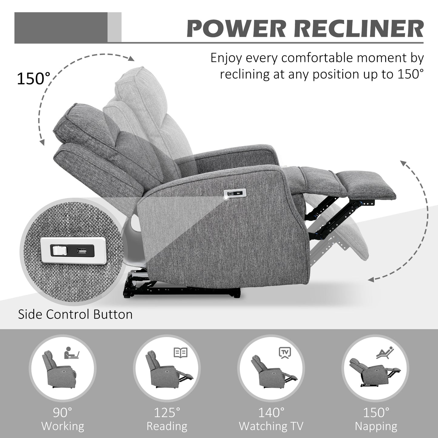 Electric Recliner Armchair, Recliner Chair with Adjustable Leg Rest, USB Port, Charcoal Grey