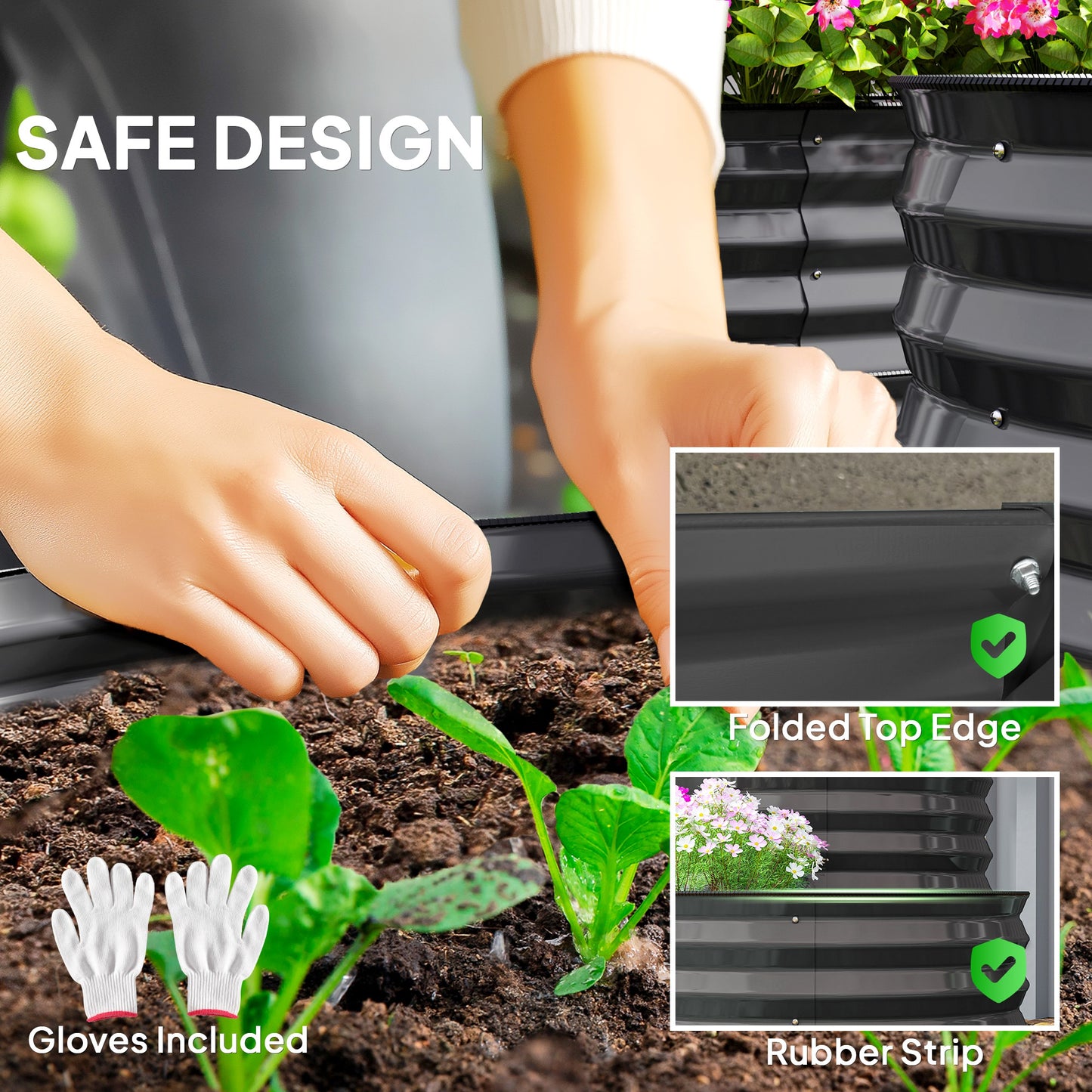 2-Tier Galvanised Steel Raised Garden Bed | 0.6mm Steel | Open Bottom | Folded Safety Edge & Rubber Strip | Bottom 149x59cm Top 89x59cm | 150x60x57cm | Dark Grey