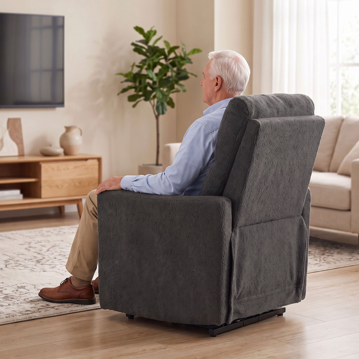 Riser Recliner Chair | 18° Power Lift & 135° Recline | 8-Point Massage & Lumbar Heat | Pocket Spring Teddy Fleece | 12cm Seat Cushion | USB-A & USB-C | Remote | 120kg | 160–200cm | Dark Grey