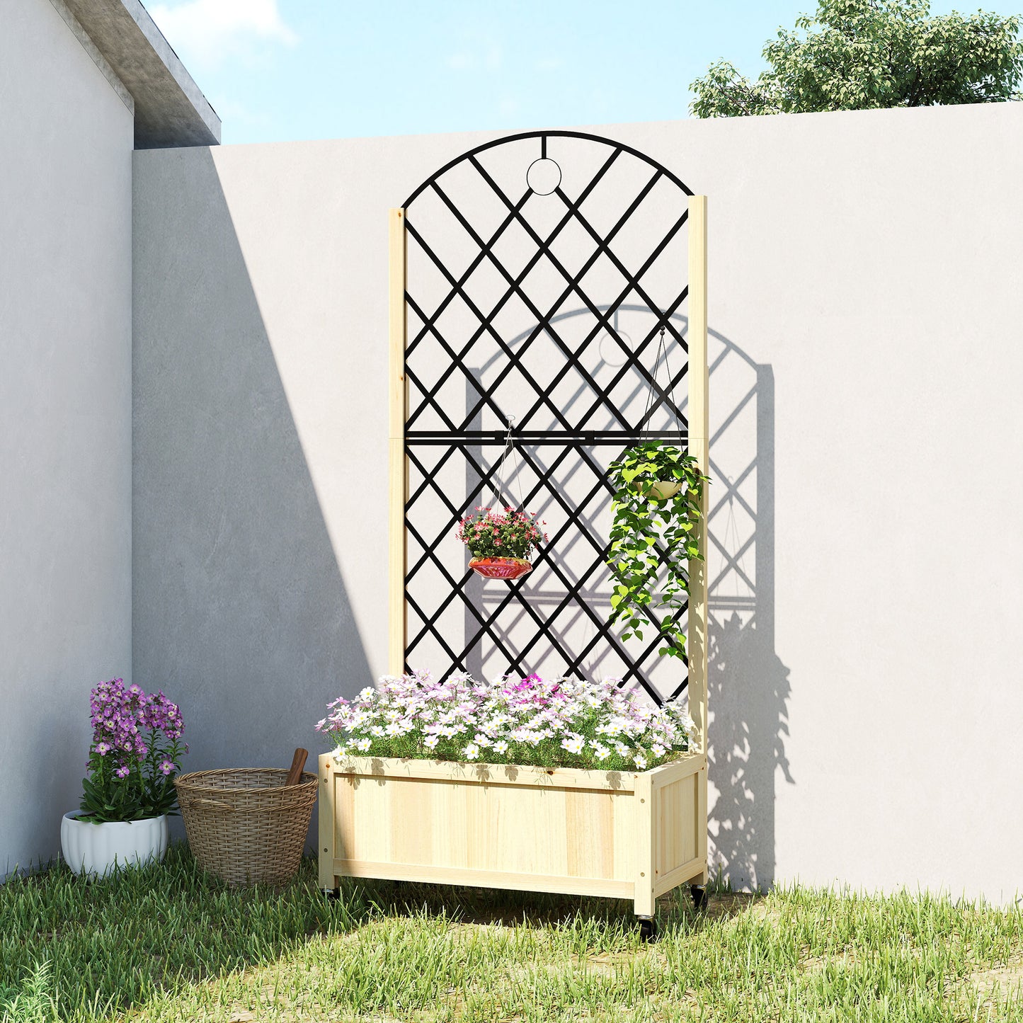 Raised Garden Bed with Metal Trellis | Wooden Elevated Planter Box | 50L Soil Capacity | 4 Wheels 2 Lockable | 30kg Max Load | 72x36x168cm | Natural Wood Finish