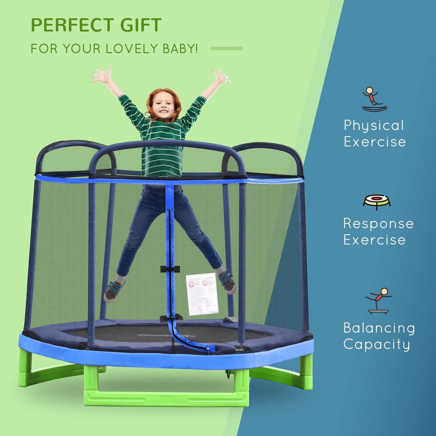 215 cm Kids Trampoline Indoor Bouncer Jumper w/ Security Enclosure Net Spring Gym Play Children for 3-12 Years Old Blue