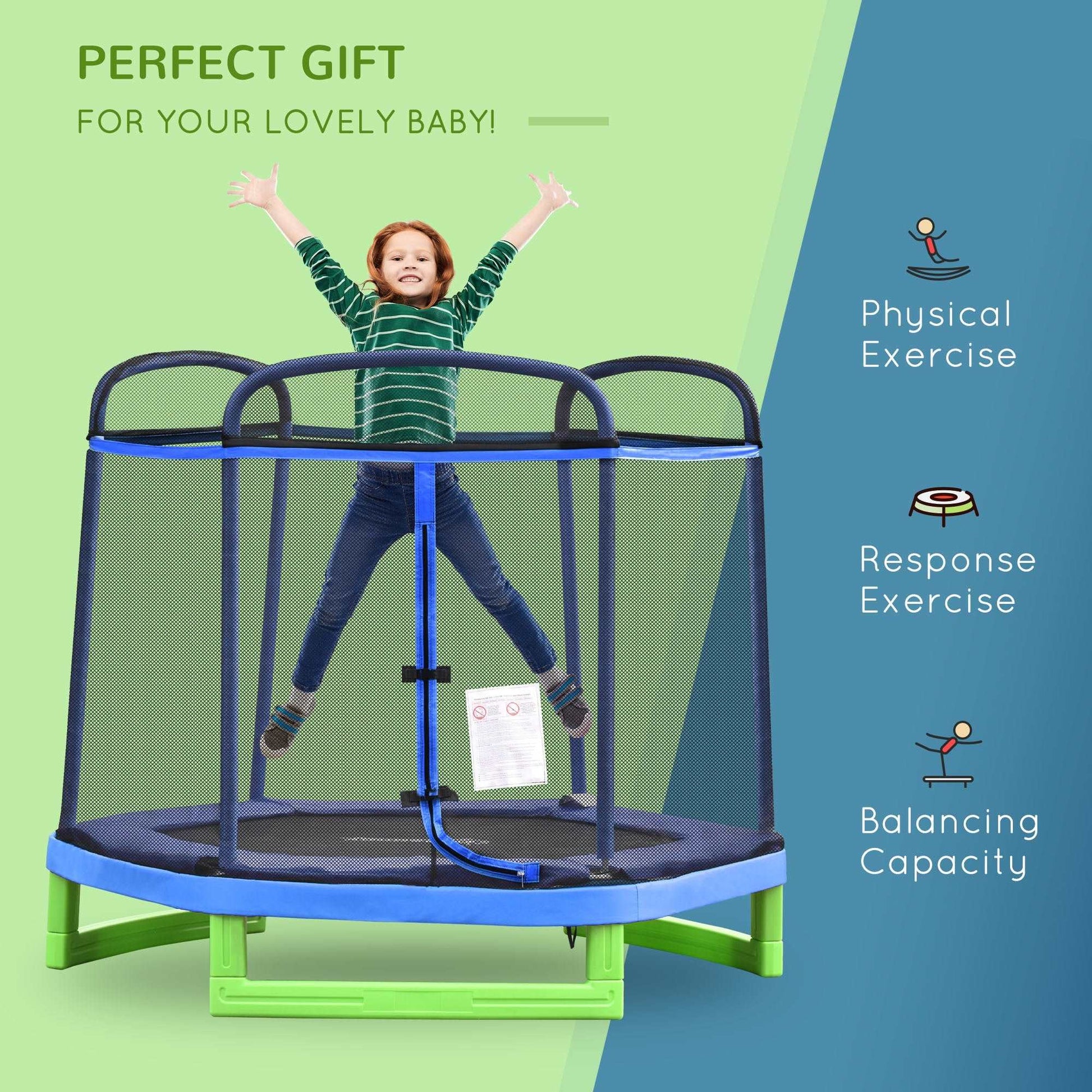 215 cm Kids Trampoline Indoor Bouncer Jumper w/ Security Enclosure Net Spring Gym Play Children for 3-12 Years Old Blue