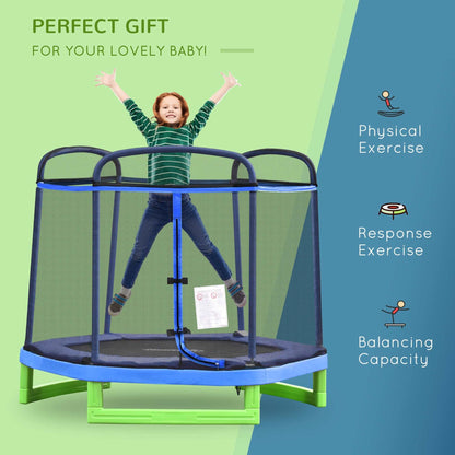 215 cm Kids Trampoline Indoor Bouncer Jumper w/ Security Enclosure Net Spring Gym Play Children for 3-12 Years Old Blue