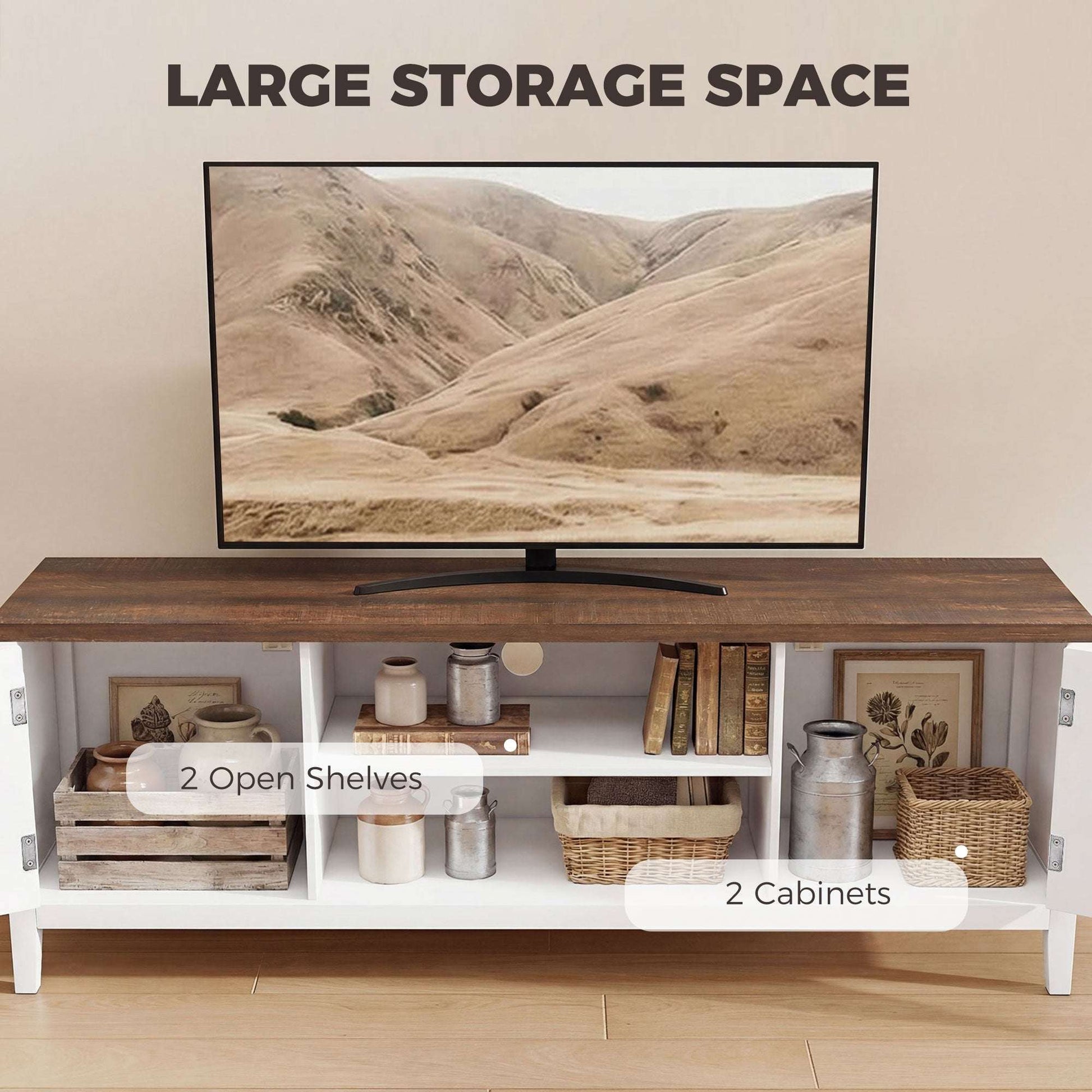 Farmhouse TV Stand | 140cm | Up to 42" TV | 2 Cabinets | 2 Open Shelves | Gold T-Bar Handles | Cable Holes | 50kg | White