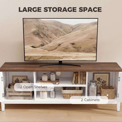 Farmhouse TV Stand | 140cm | Up to 42" TV | 2 Cabinets | 2 Open Shelves | Gold T-Bar Handles | Cable Holes | 50kg | White