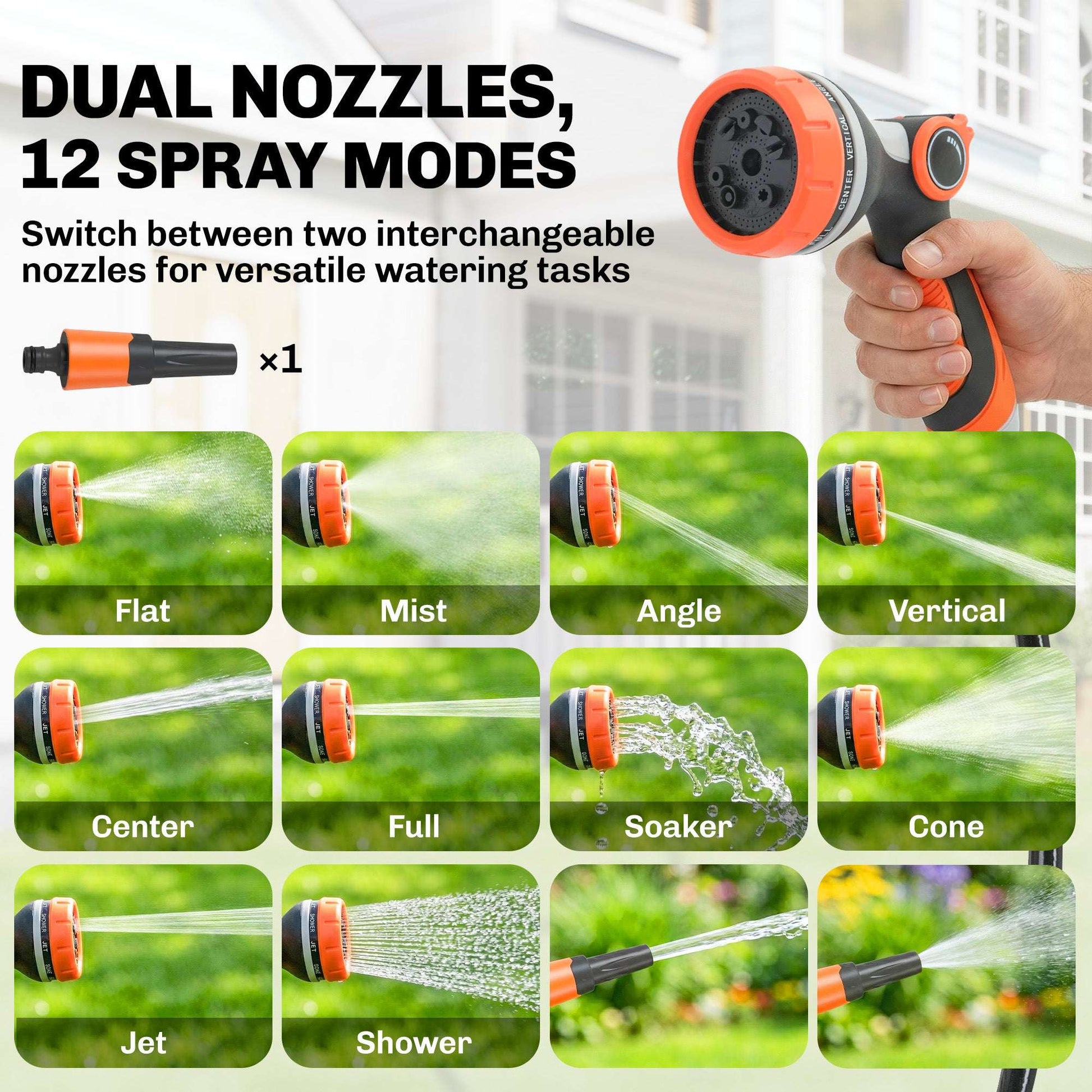 23+2m Retractable Garden Hose Reel | Auto-Retract & Self-Locking Slow Rewind | Wall-Mount or Portable | 2 Nozzles 12 Spray Modes | 120 PSI | UV & Corrosion-Resistant PP | 55x31x50cm | Orange