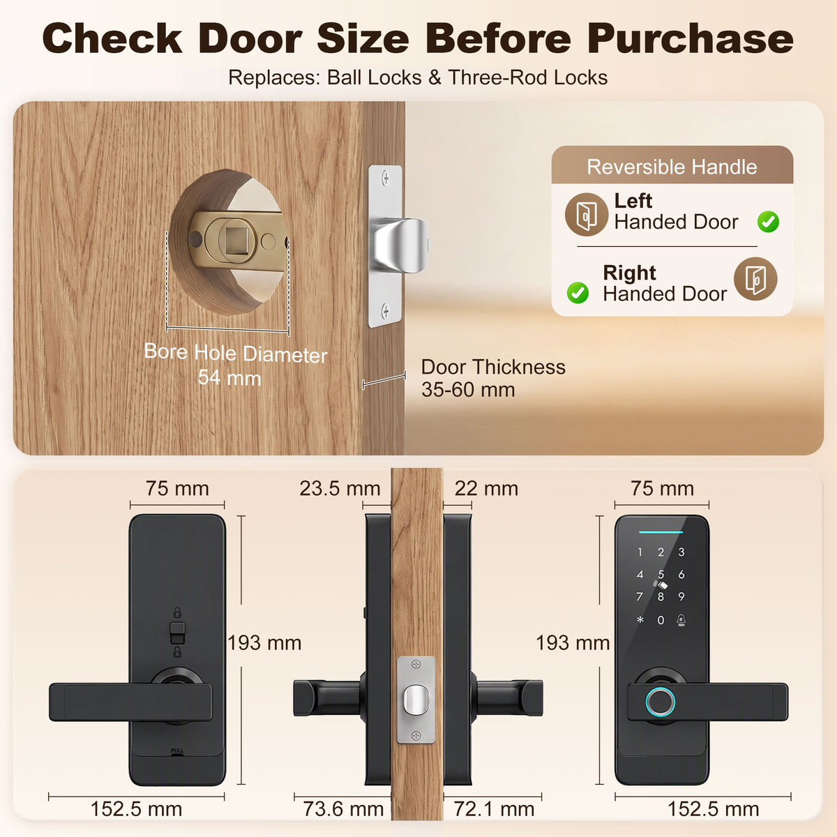 Smart Door Lock | 5-in-1 Entry: Fingerprint / Passcode / NFC Card / Tuya App / Key | Built-in Doorbell | Bluetooth 10m | ADC12 Alloy & Tempered Glass | Copper Cylinder | Door 3.5-6cm | Left & Right Hand | 7.1x19.3x13.4cm | Black