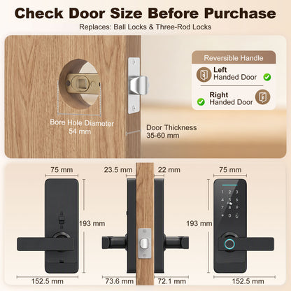 Smart Door Lock | 5-in-1 Entry: Fingerprint / Passcode / NFC Card / Tuya App / Key | Built-in Doorbell | Bluetooth 10m | ADC12 Alloy & Tempered Glass | Copper Cylinder | Door 3.5-6cm | Left & Right Hand | 7.1x19.3x13.4cm | Black