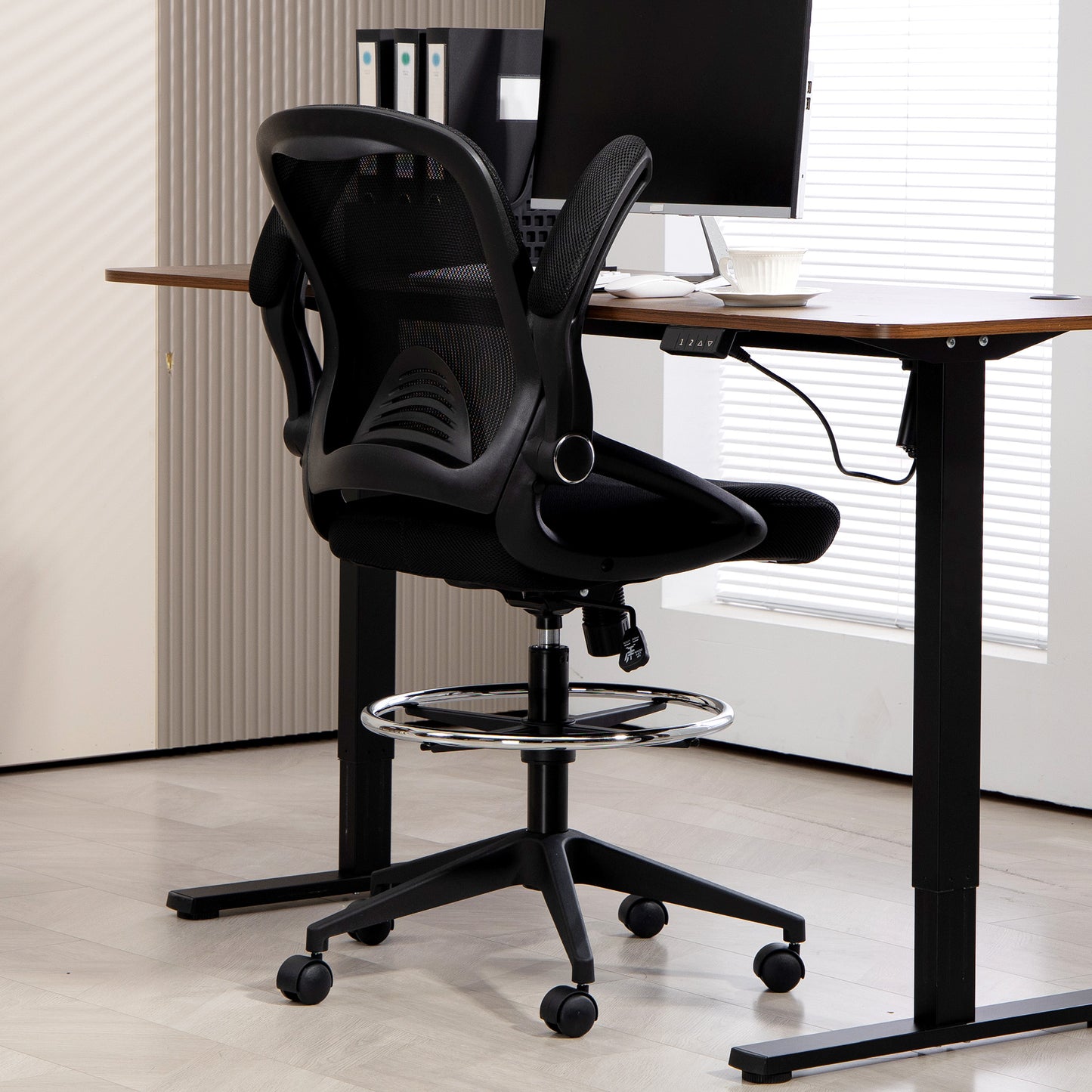 Drafting Chair for Standing Desk | Mesh Back | Foam Seat | Flip-Up Armrests | Foot Ring | 360° Swivel | Height Adjustable 106-126cm | 120kg | Black