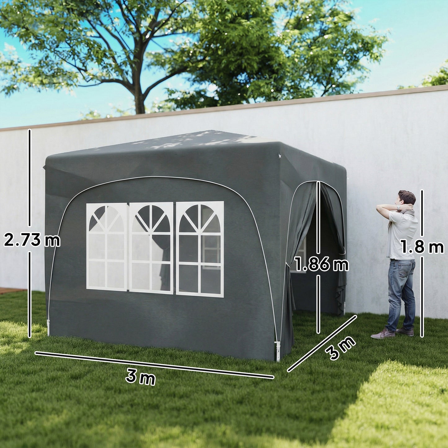3x3m Pop Up Gazebo Shelter | UPF50+ Oxford Fabric Canopy | Dual Doors & 2 Windows | 8 Drain Holes | 3 Height Settings | Windproof Level 4-5 | Snow Rated | Guy Ropes & Ground Stakes | Carry Bag | Dark Grey