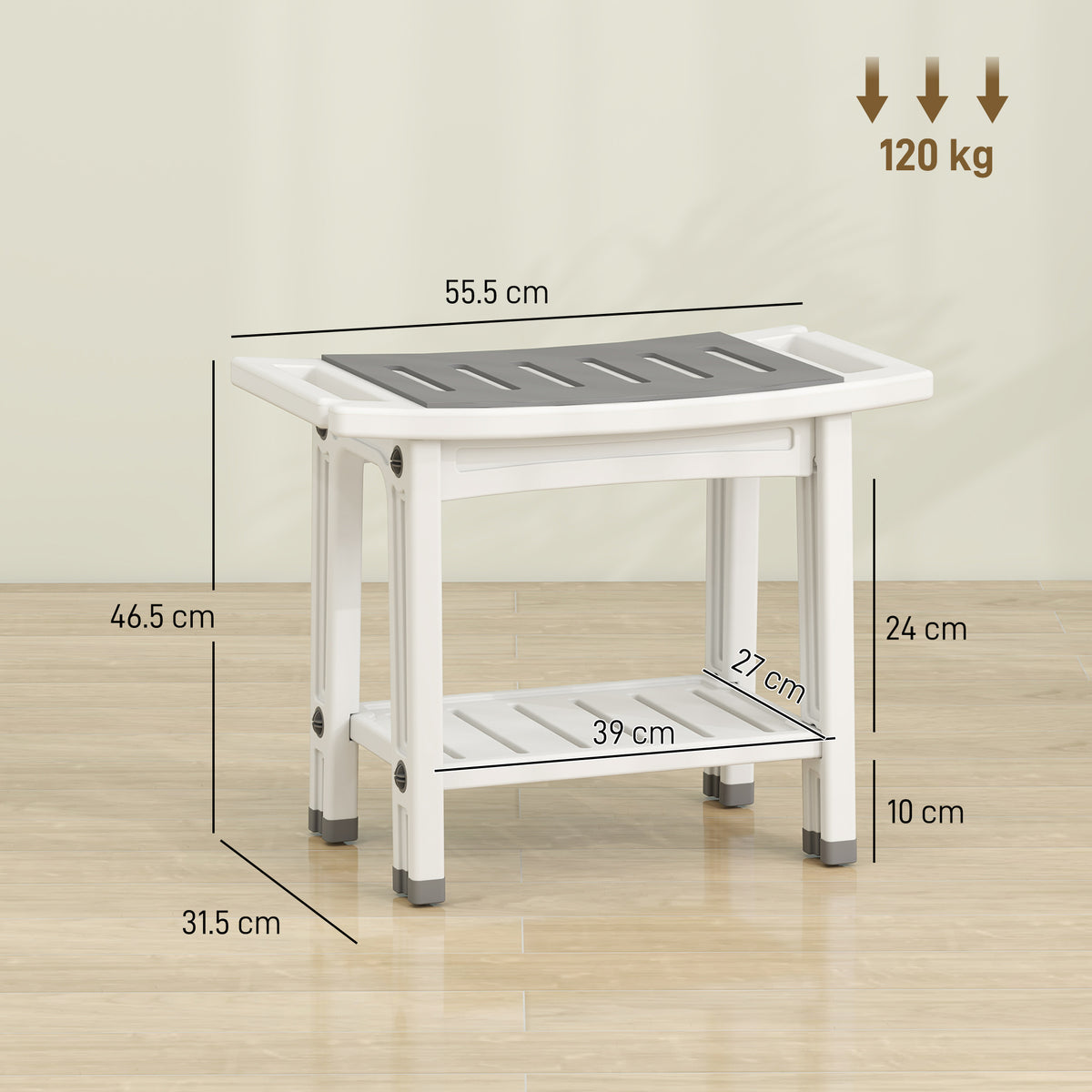 2-Tier Shower Bench & Stool | HDPE | EVA Seat Pad | Built-In Shelf & Shower Holder | 120kg | 55.5x31.5x46.5cm | White & Grey