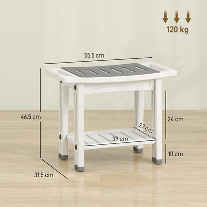 2-Tier Shower Bench & Stool | HDPE | EVA Seat Pad | Built-In Shelf & Shower Holder | 120kg | 55.5x31.5x46.5cm | White & Grey
