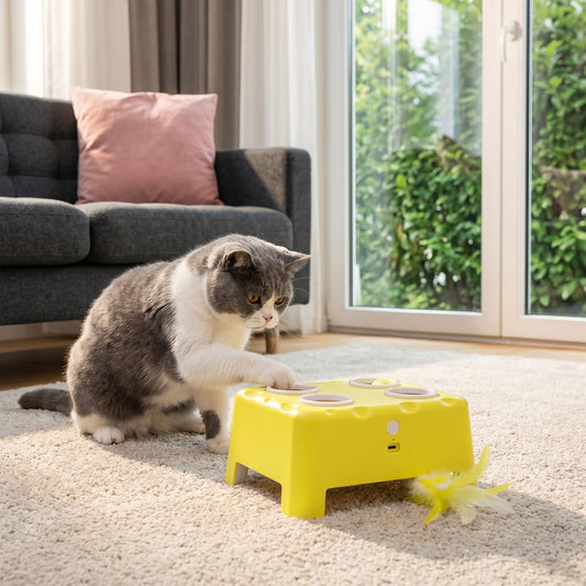 3-in-1 Interactive Cat Toy | Popping Mouse | Spinning Feather | USB-C | 15-Min Auto-Rest | Multi-Cat | Yellow