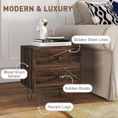 Bedside Tables Set of 2, Modern Side Table Set with 2 Drawers and Steel Hairpin Legs, Nightstand for Bedroom, Brown Wood Grain