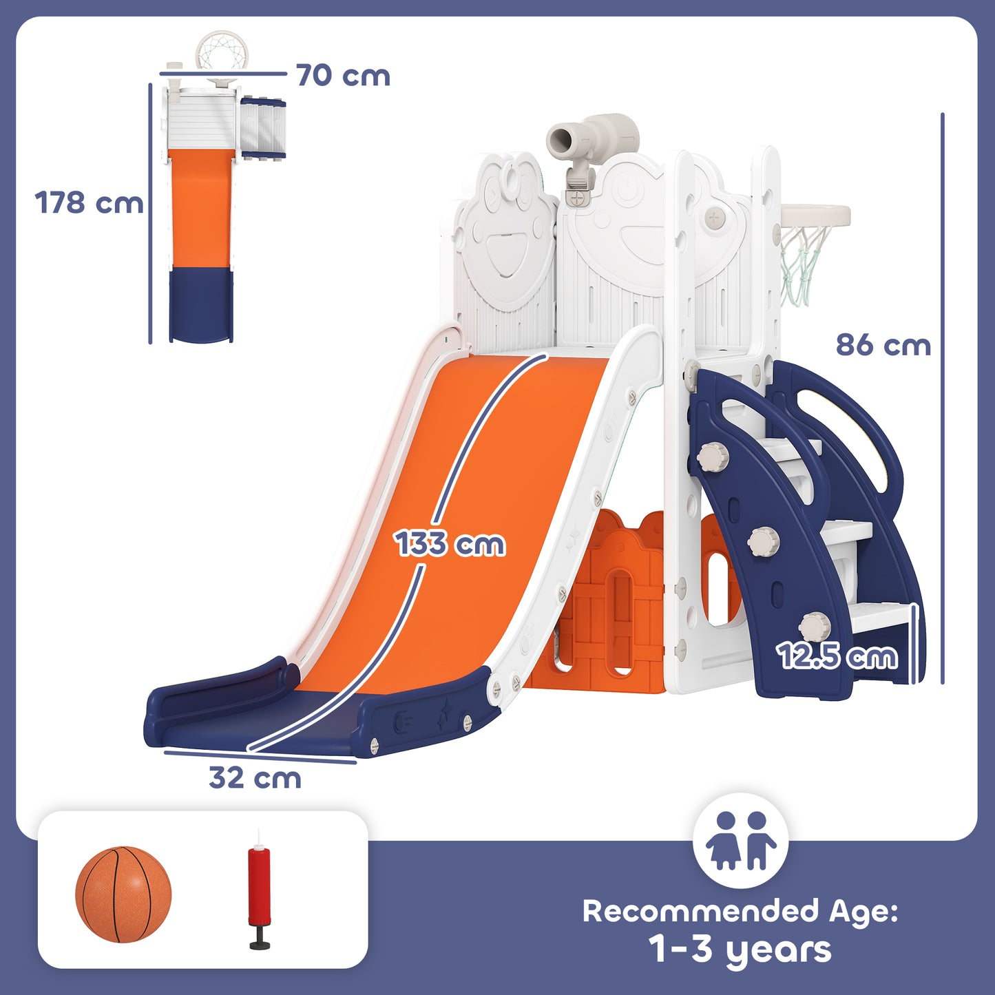 5-in-1 Kids Slide Set with Basketball Hoop, Climbing Frame, Telescope & Storage Box – Anti-Slip Steps, HDPE, Ages 1–3 – Orange