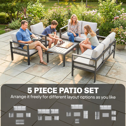 5-Piece Aluminium Garden Sofa Set | 64cm Deep Seats | 220GSM Olefin Cushions | Wood-Effect Table | 360kg | Dark Grey