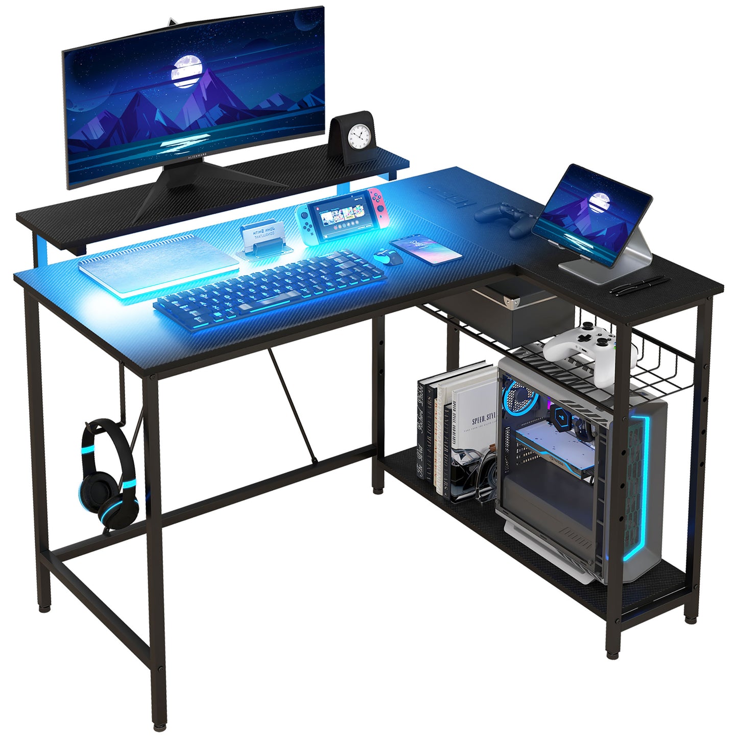 Reversible 'L' LED Light Gaming/Work Desk - Black