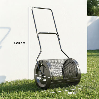 75L Compost & Peat Moss Spreader | 20" Rolling Barrel | Detachable U-Handle | Metal Mesh Door | Rust-Proof Powder-Coated | Garden Lawn | Black