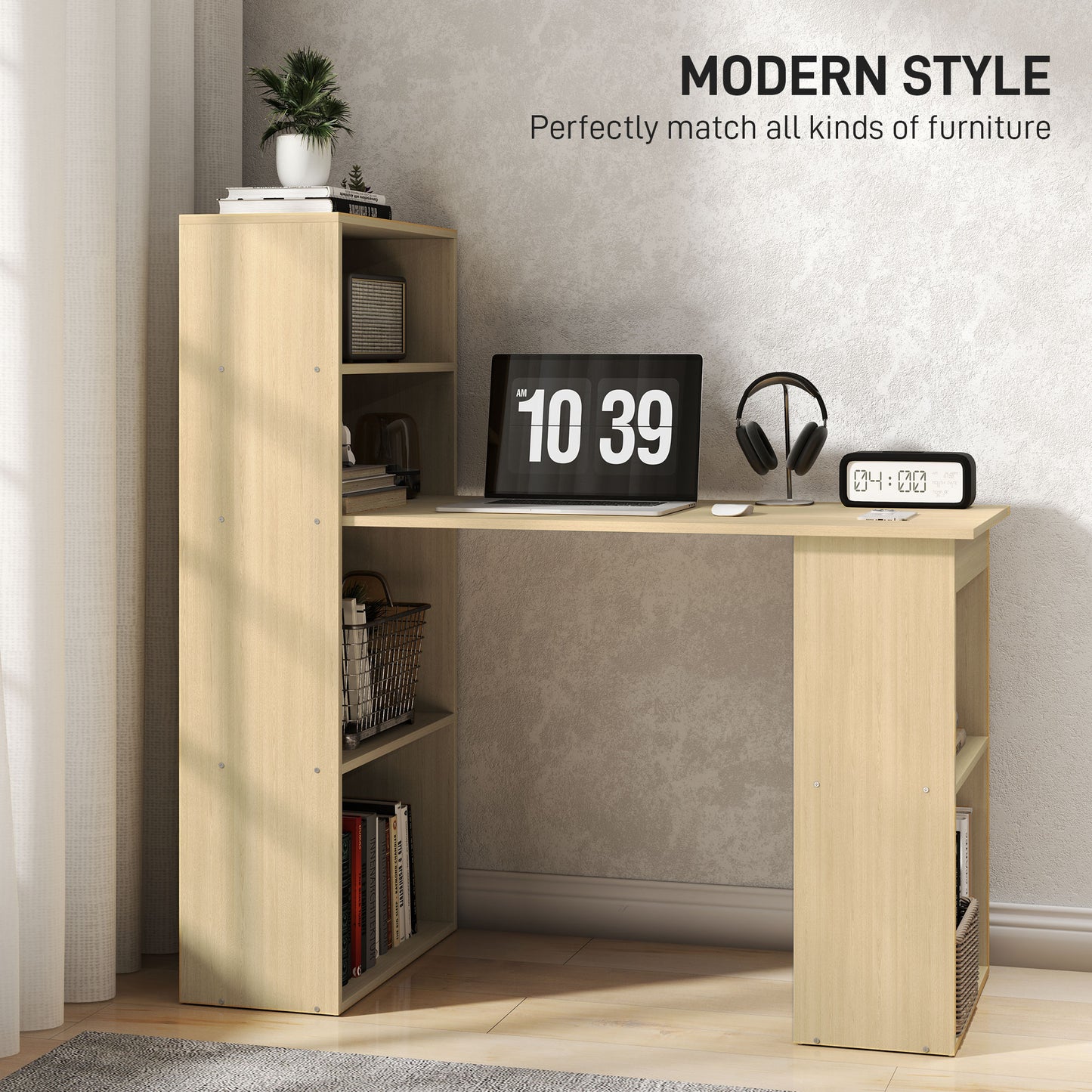 120cm Modern Computer Desk Bookshelf Study Table Workstation PC Laptop Writing Home Office 6 Shelves, Natural Wood Finish