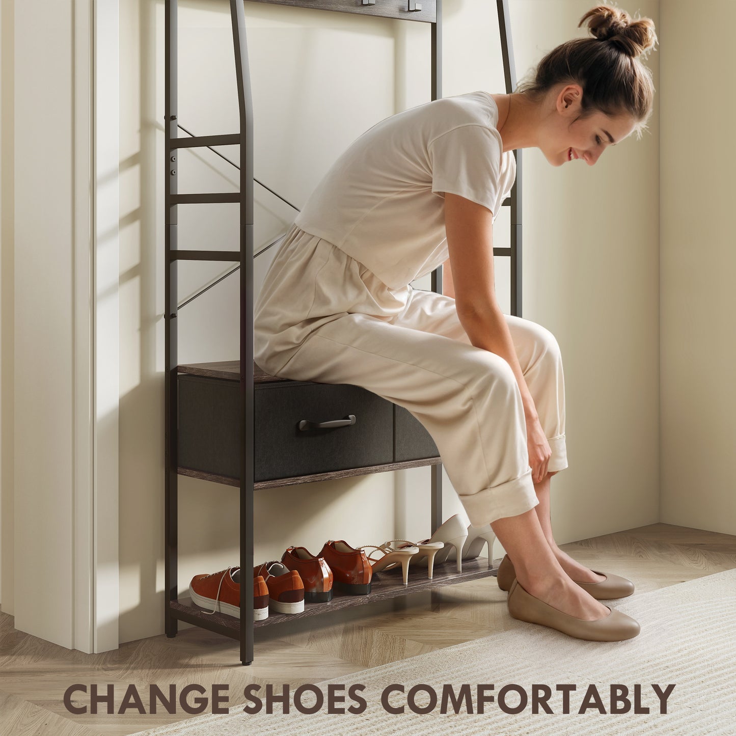 Coat Rack with Shoe Storage, Hall Tree, Industrial Coat Stand with Shoe Bench, 10 Removable Hooks, 2 Fabric Drawers and Clothes Rail, Grey