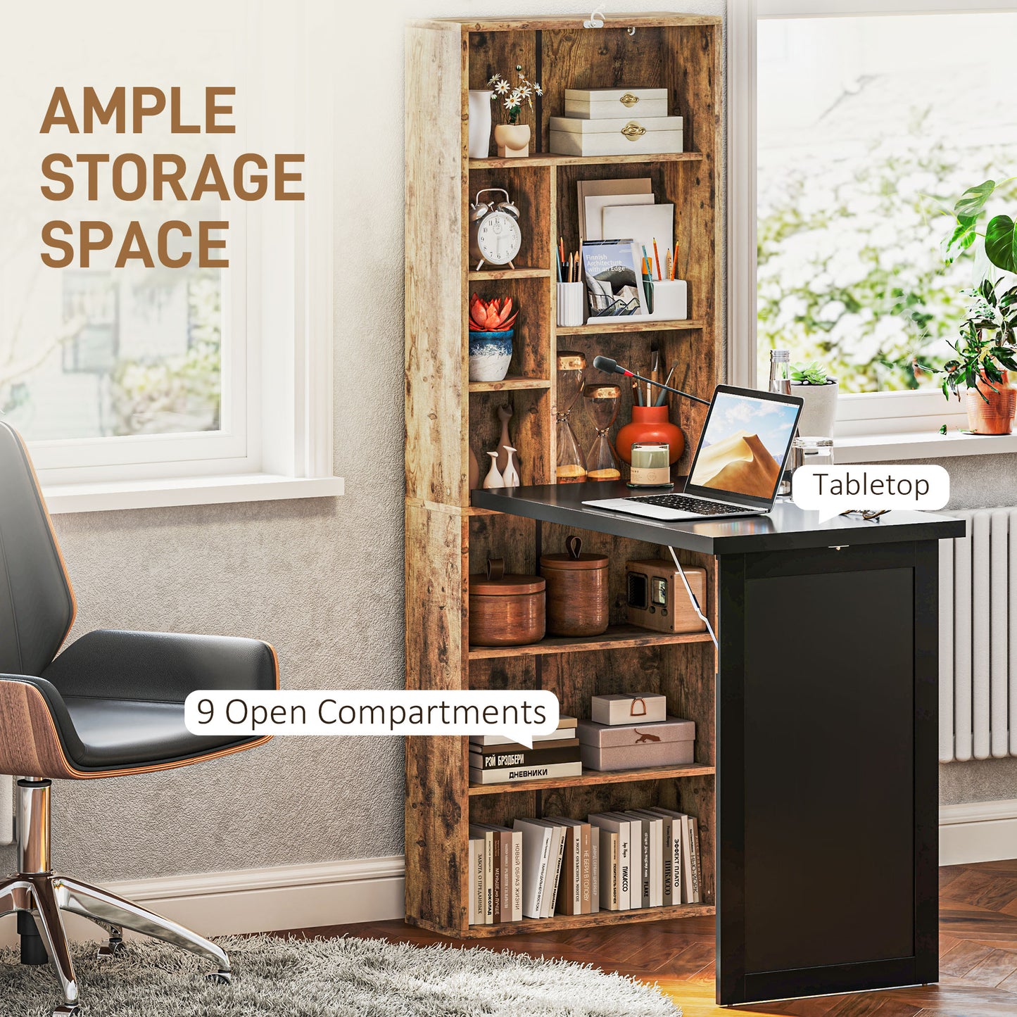 Folding Desk with Blackboard Multi-function Computer Office Workstation Side Shelf for Home Office, Rustic Brown